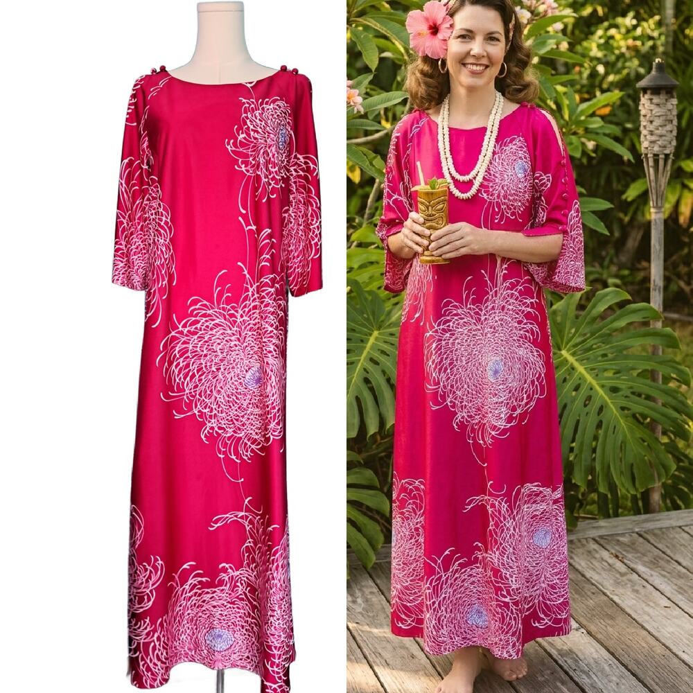 Vintage 70s Liberty House Hawaii Silky Poly Kaftan Maxi Dress Hot Pink Mumu Med